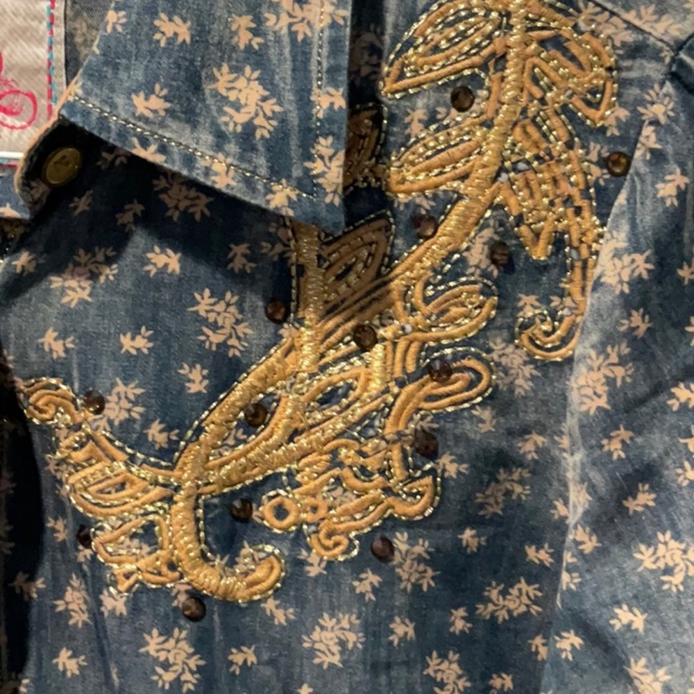Roar Women's Blue Button Down Shirt with Gold Accents - Picture 2 of 3